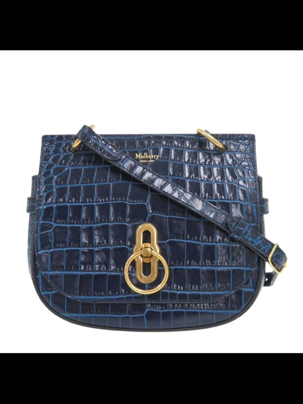 Mulberry Navy Croc-Embossed Leather Crossbody with Gold Hardware